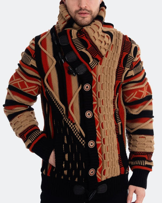 Men's bold multicolor knit cardigan with heavyweight construction, featuring a unique mix of red, tan, and black patterns and a slightly slim fit.