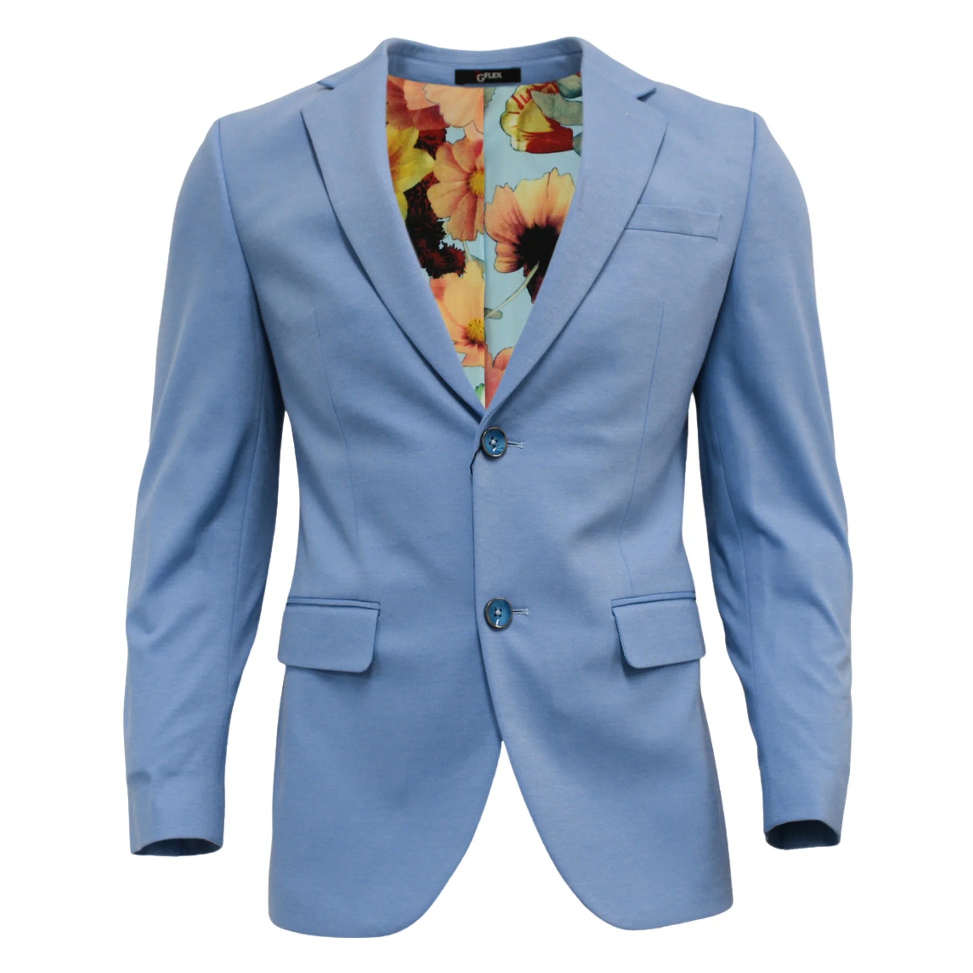 Close-up of Light Blue Suit’s unique floral inner lining, highlighting stylish details and high-quality craftsmanship.