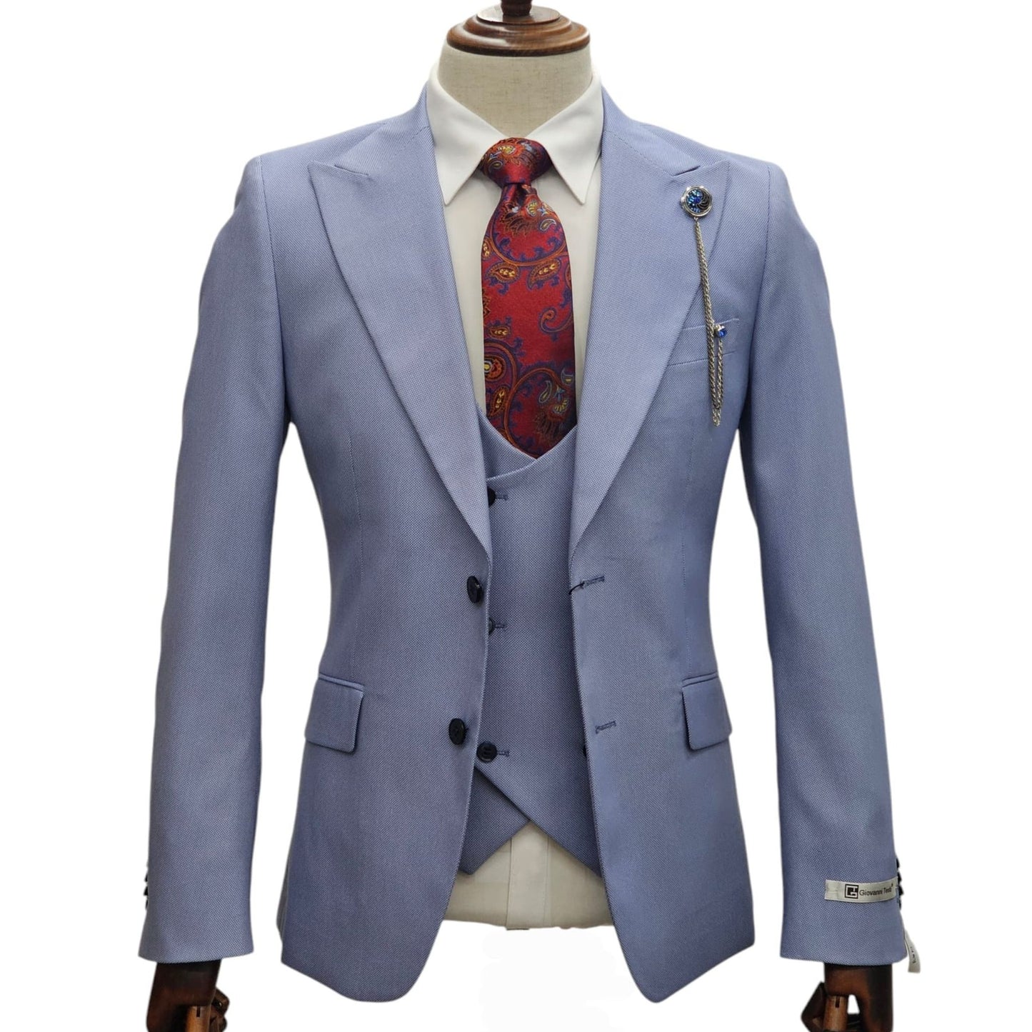 Light Blue Three-Piece Slim Fit Suit – Modern wedding and prom suit for 2025, featuring a tailored blazer, vest, and trousers.