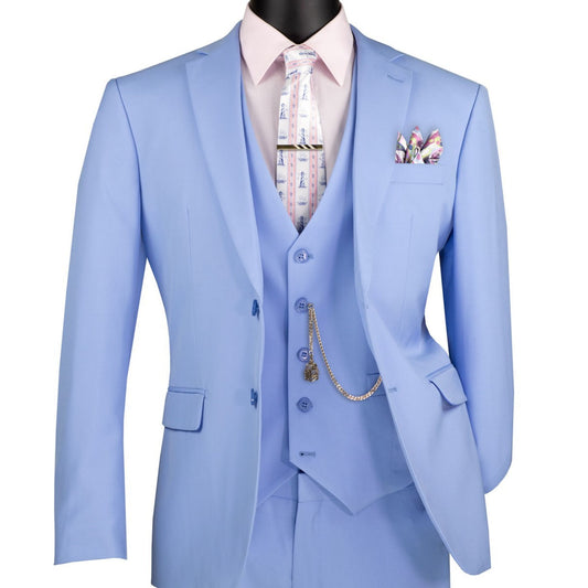 Light Blue Three-Piece Suit – A modern slim-fit suit with a vest and gold chain detail, perfect for prom and weddings in 2025