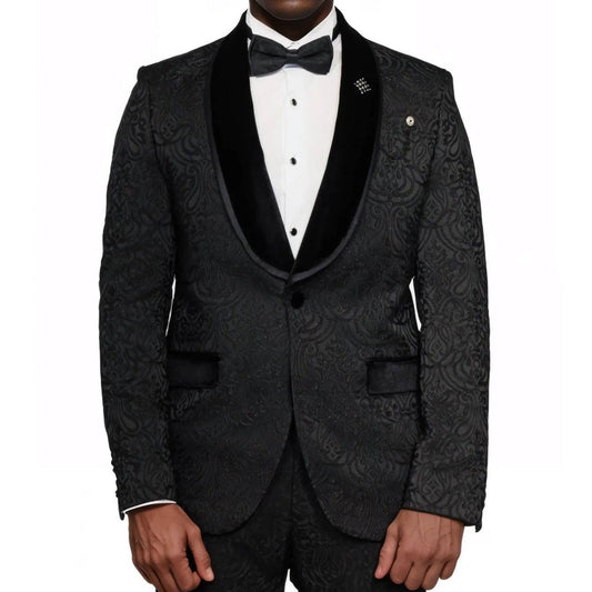 Luxury Floral Textured Black Tuxedo Made in Europe – Slim Fit Prom Style