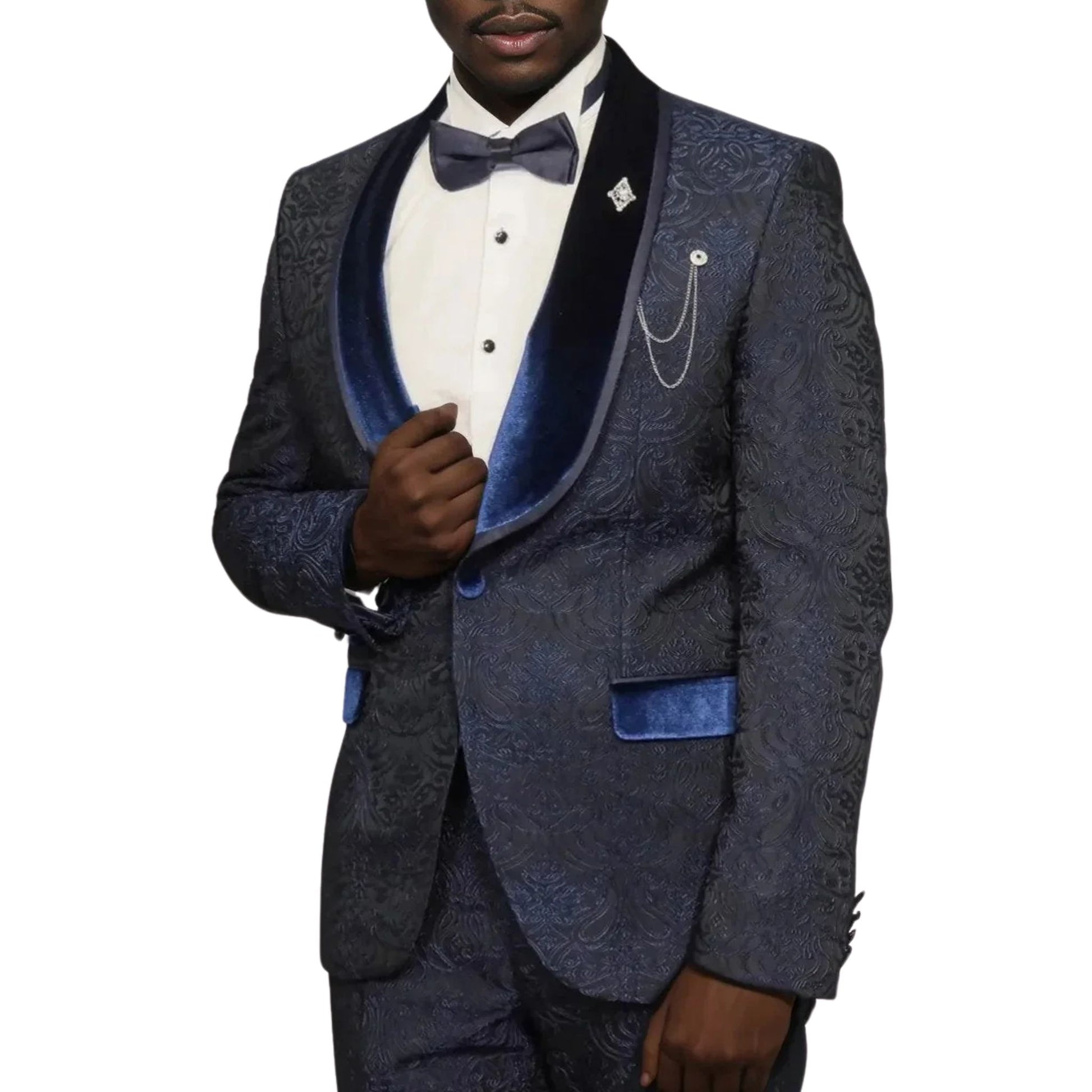 Luxury Navy Floral Prom Tuxedo with Chain and Lapel Pin – European Made