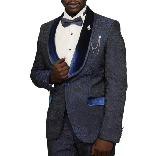 Luxury Navy Floral Prom Tuxedo with Chain and Lapel Pin – European Made