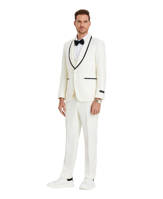 Elegant KCT Menswear Ivory White Tuxedo with striking black trim detail.