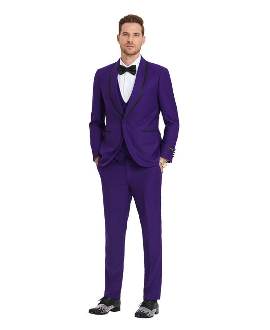 Striking KCT Menswear Vivid Purple Tuxedo with black lapel detailing.