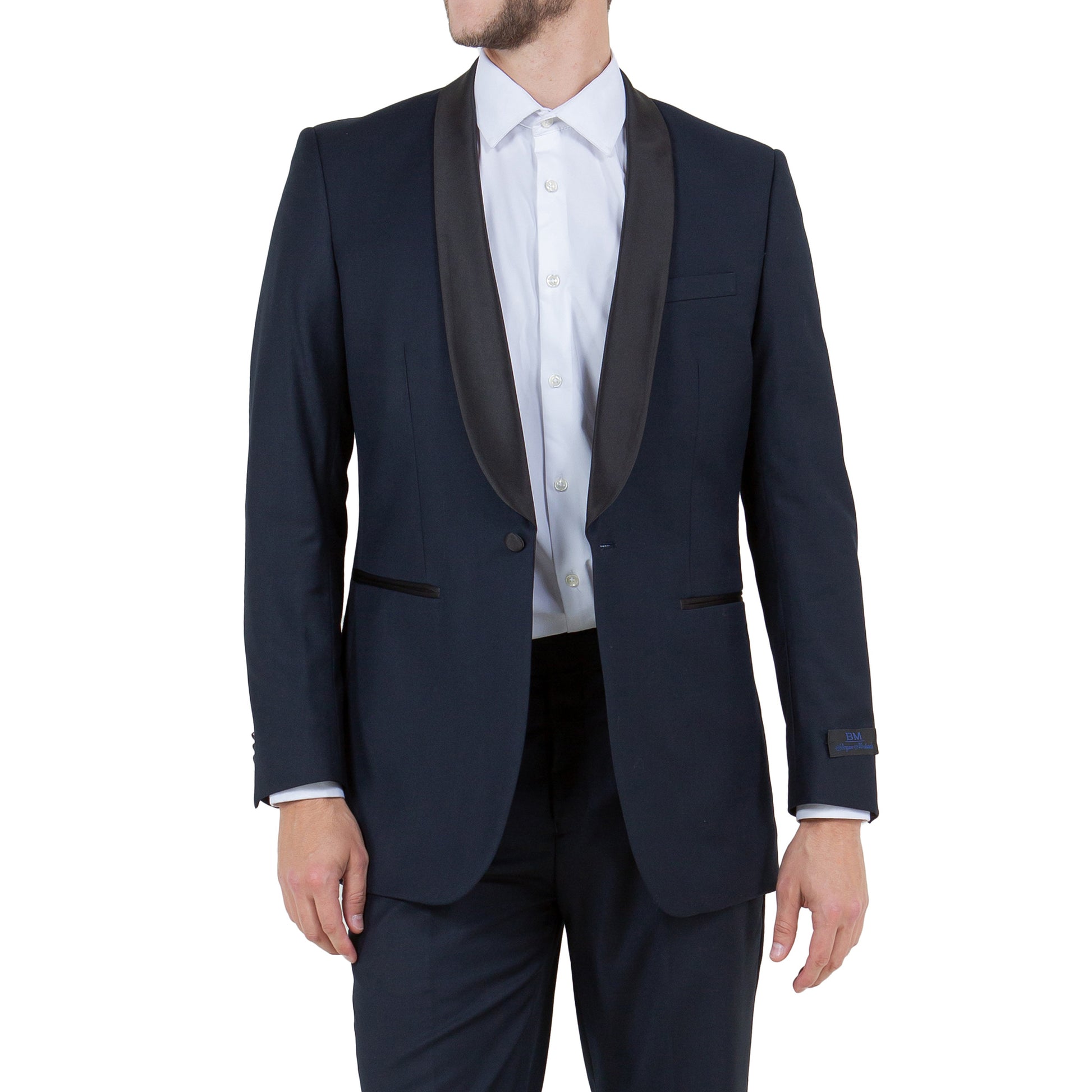 Men's Slim-Fit Midnight Blue Tuxedo with Black Satin Shawl Lapel