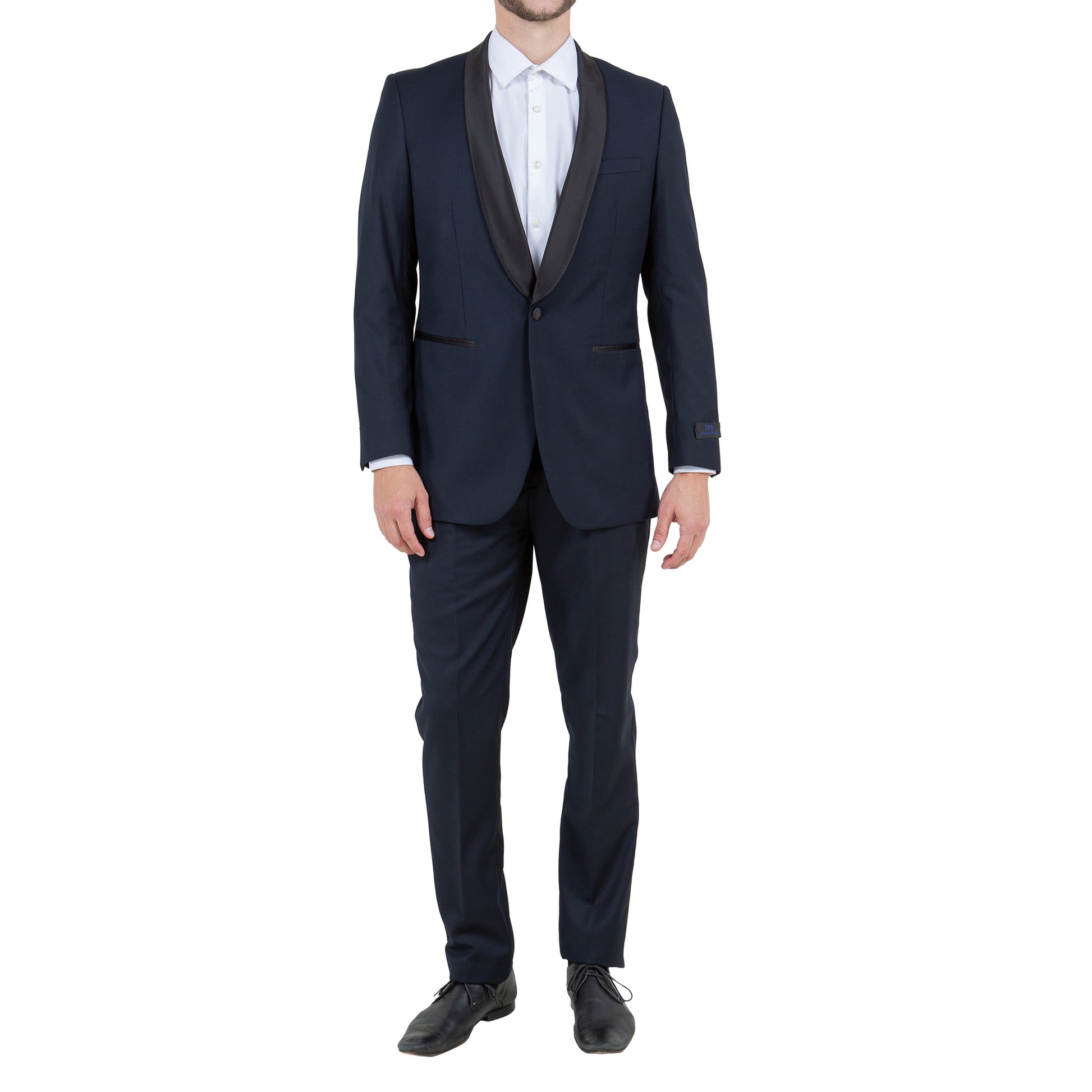 Men's Slim-Fit Midnight Blue Tuxedo with Black Satin Shawl Lapel