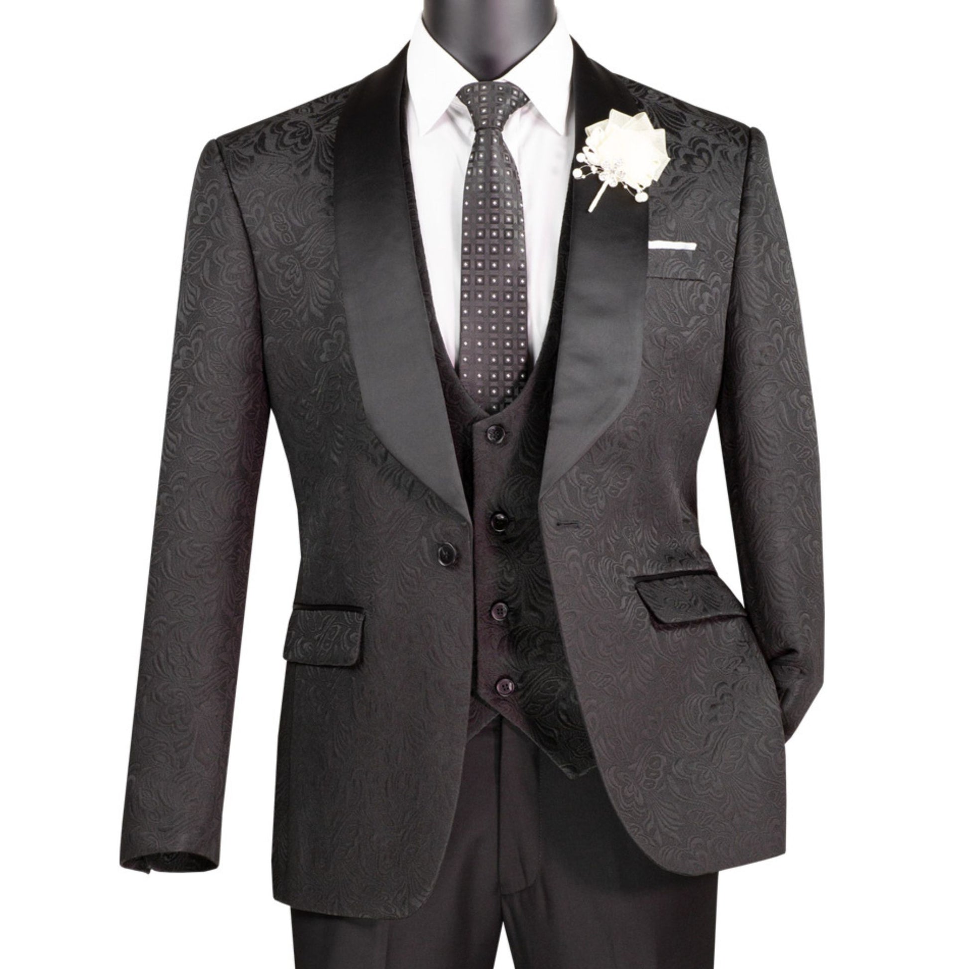 Men’s Black Paisley Jacquard Slim-Fit Tuxedo – 3-Piece Formalwear Set with Satin Lapels"