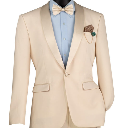 Men’s Champagne Slim-Fit Tuxedo – Formalwear Suit with Satin Lapels