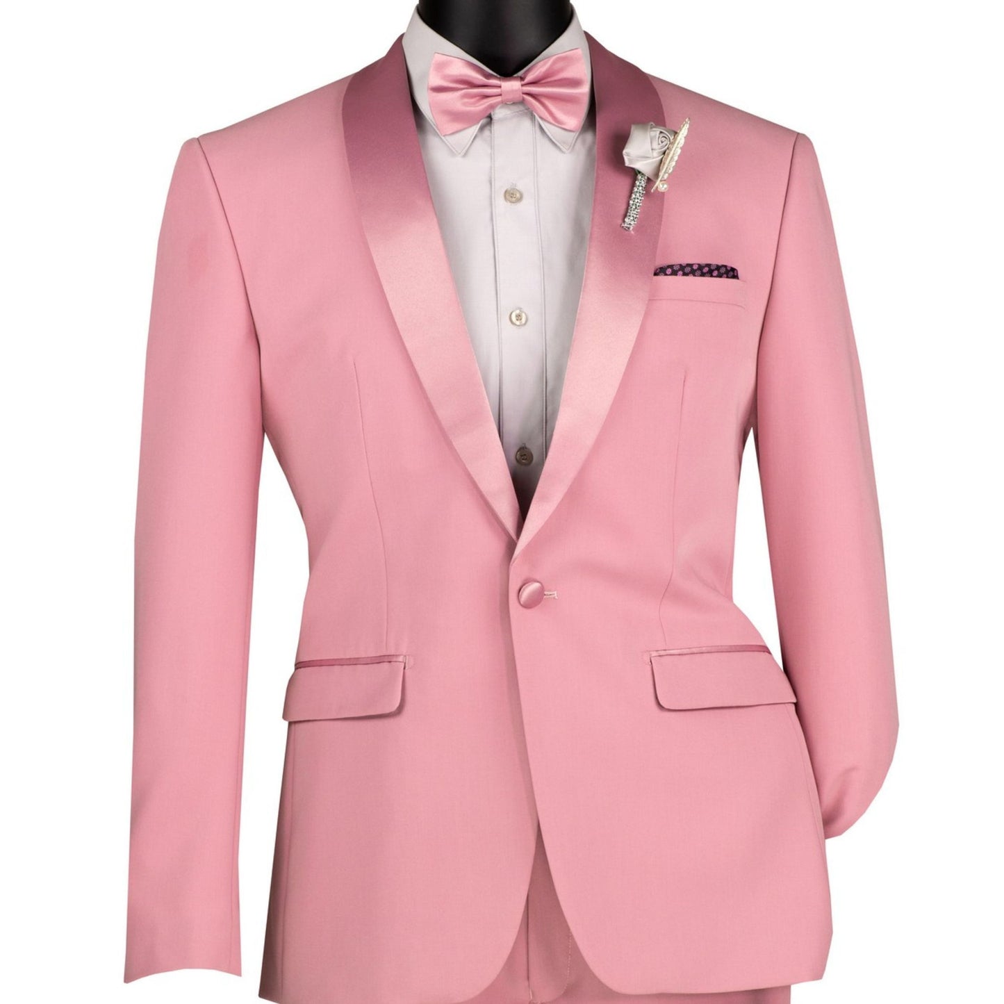 Men’s Dusty Rose Slim-Fit Tuxedo – Formalwear Suit with Satin Lapels