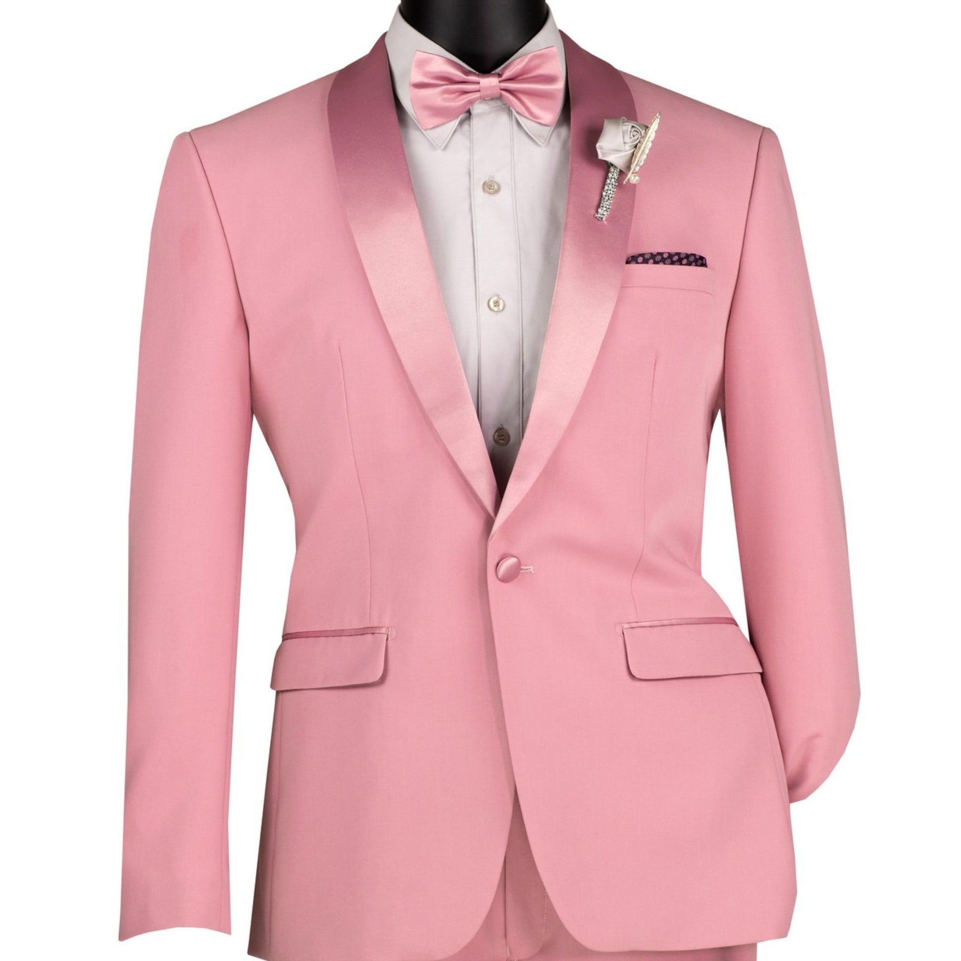 Men’s Dusty Rose Slim-Fit Tuxedo – Formalwear Suit with Satin Lapels