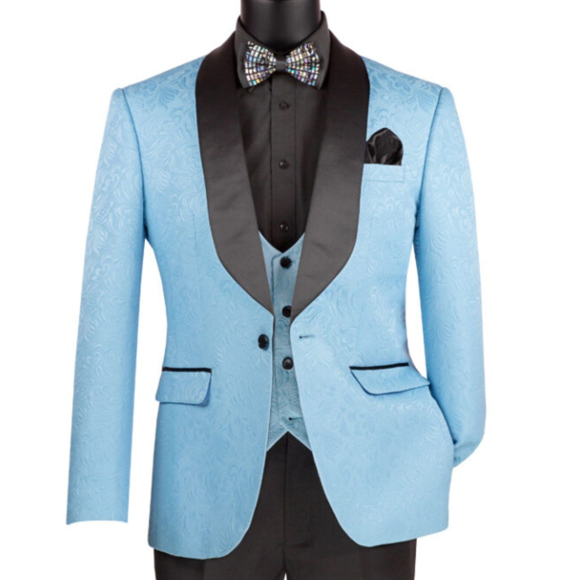 Men’s Light Blue Paisley Jacquard Slim-Fit Tuxedo – 3-Piece Formalwear Set with Black Satin Lapels