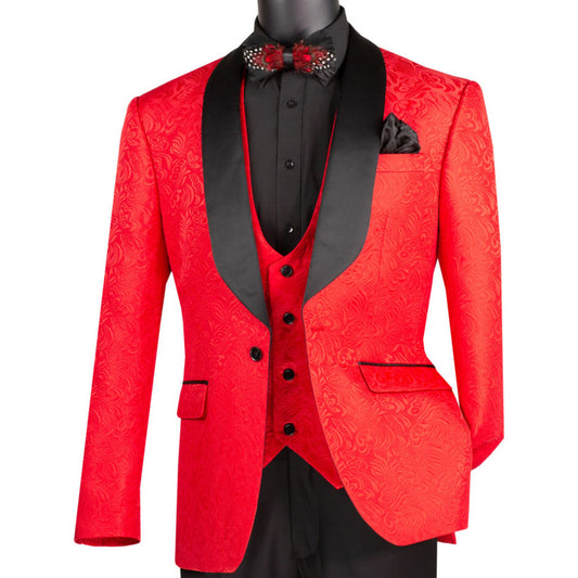 Men’s Red Paisley Jacquard Slim-Fit Tuxedo – 3-Piece Formalwear Set with Black Satin Lapels