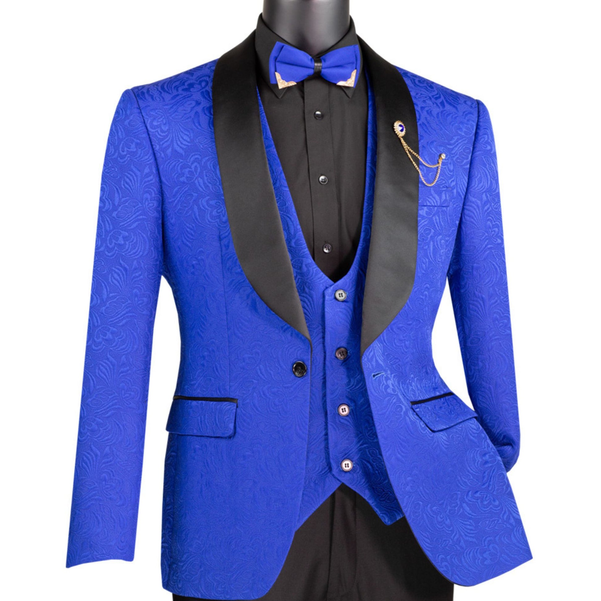 Men’s Royal Blue Paisley Jacquard Slim-Fit Tuxedo – 3-Piece Formalwear Set with Black Satin Lapels