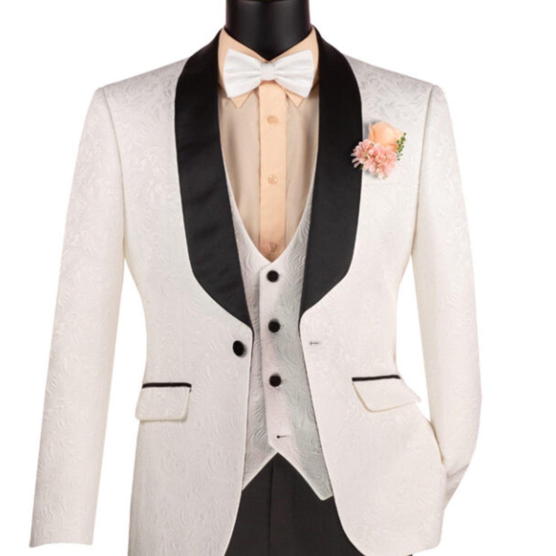 Men’s White Paisley Jacquard Slim-Fit Tuxedo – 3-Piece Formalwear Set with Black Satin Lapels