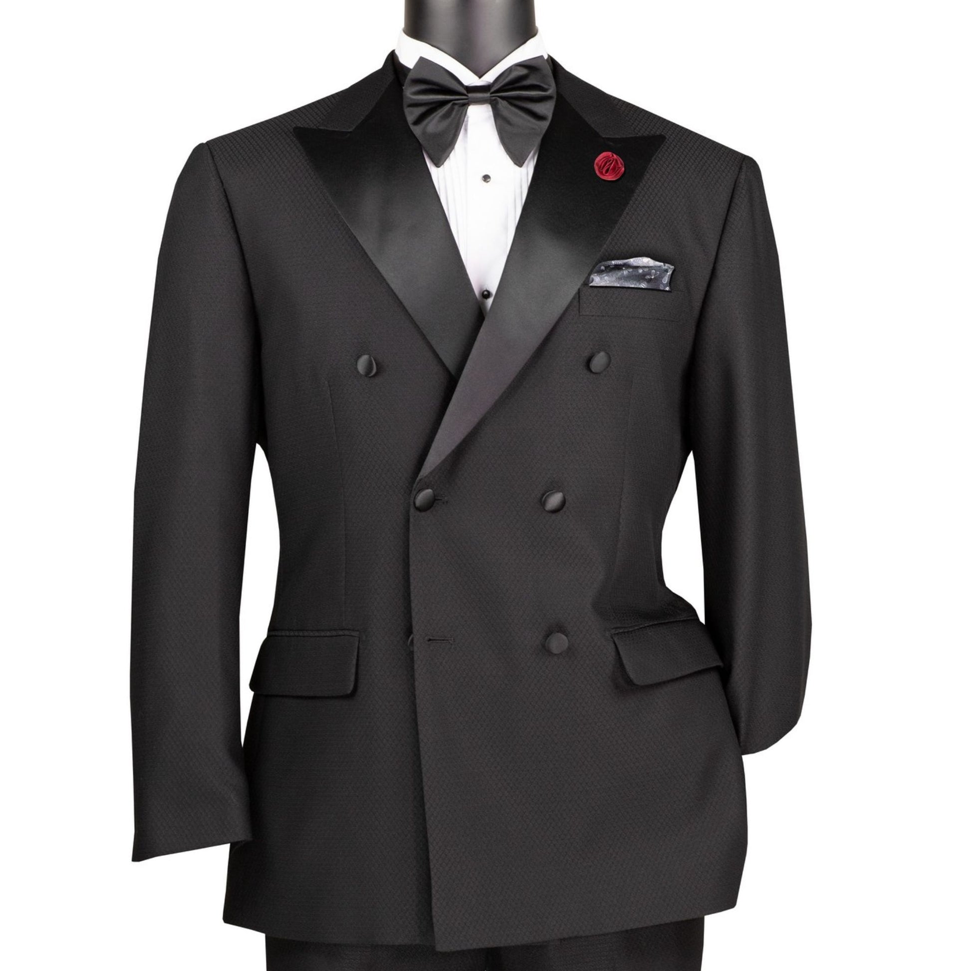 Men’s Black Double-Breasted Slim-Fit Tuxedo – Formalwear Suit with Satin Peak Lapels