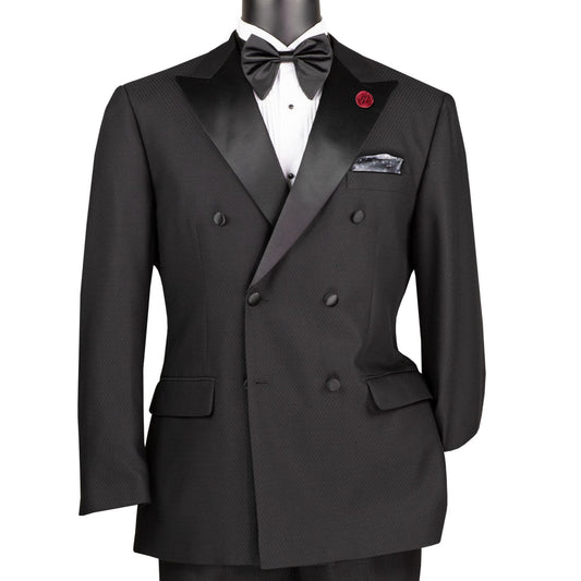 Men’s Black Double-Breasted Slim-Fit Tuxedo – Formalwear Suit with Satin Peak Lapels