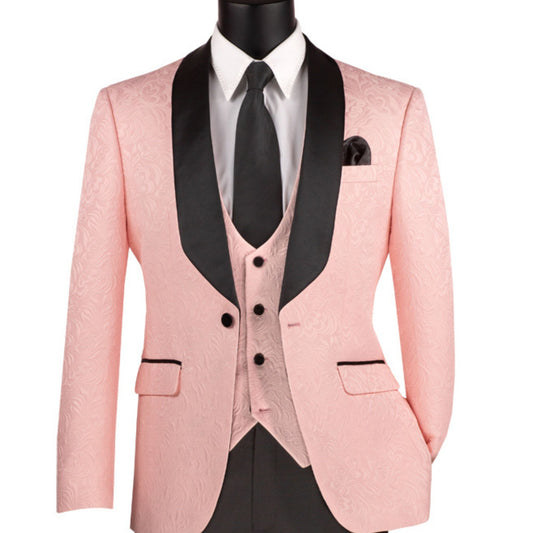 "Men’s Light Pink Paisley Jacquard Slim-Fit Tuxedo – 3-Piece Formalwear Set with Black Satin Lapels