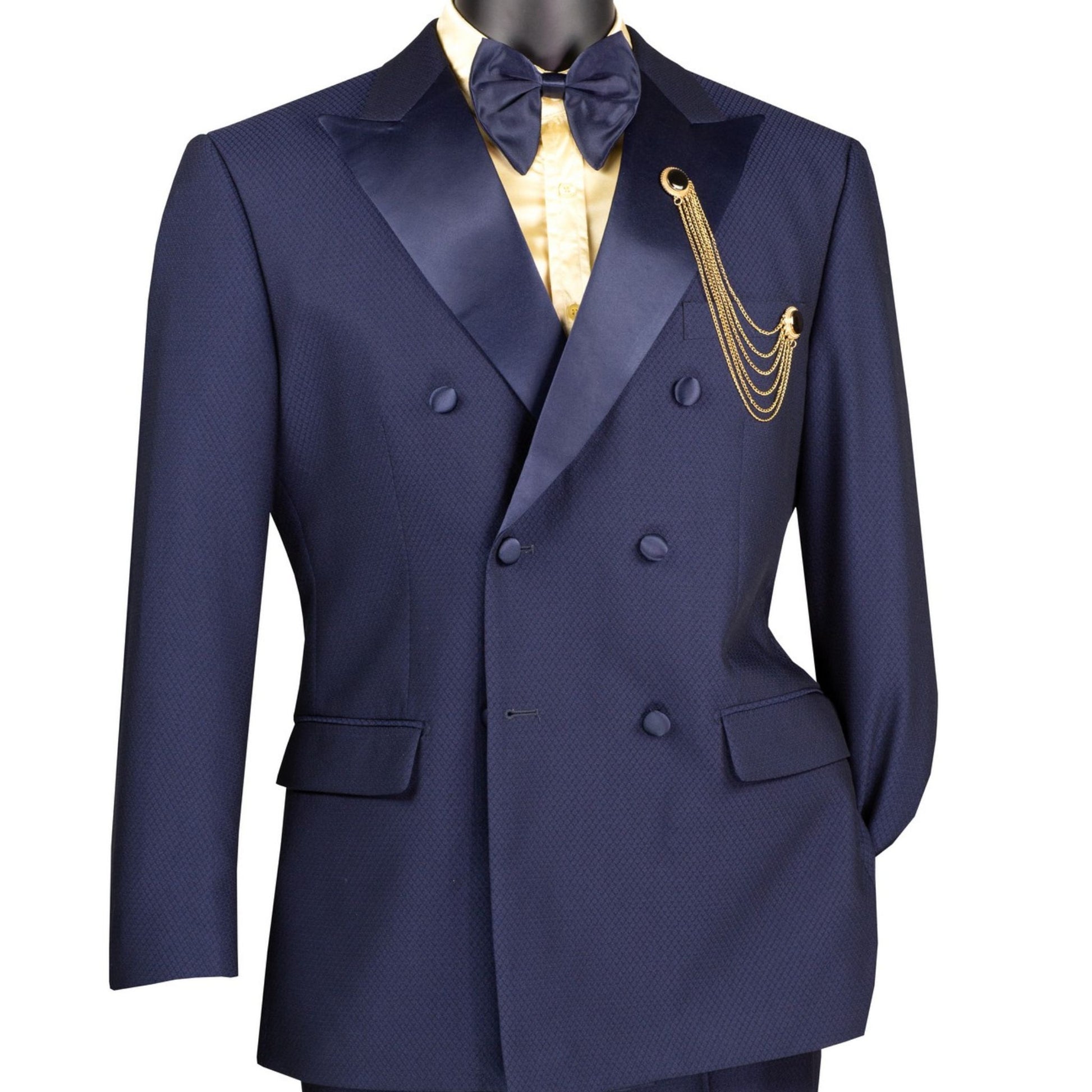 Men’s Navy Blue Double-Breasted Slim-Fit Tuxedo – Formalwear Suit with Satin Peak Lapels"