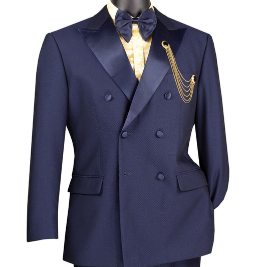 Men’s Navy Blue Double-Breasted Slim-Fit Tuxedo – Formalwear Suit with Satin Peak Lapels"