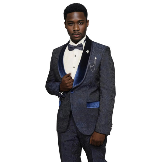 Men’s Navy European Prom Tuxedo with Velvet Shawl Lapel – 2025 Style