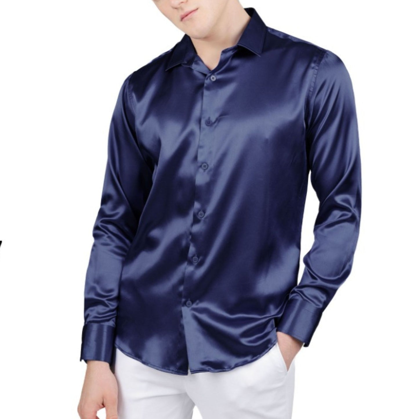 Elegant midnight blue satin dress shirt from KCT Menswear, perfect for formal evenings.