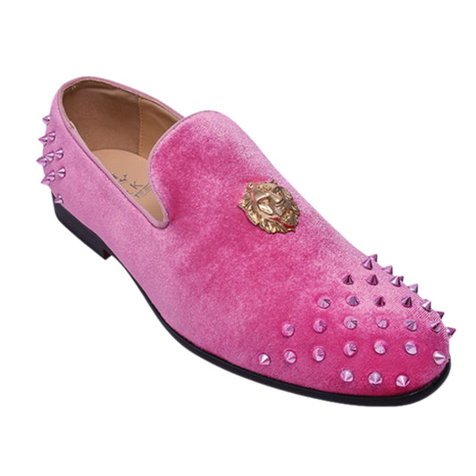 Pink Velvet Loafers with Spikes – Luxury Prom Shoes for Men