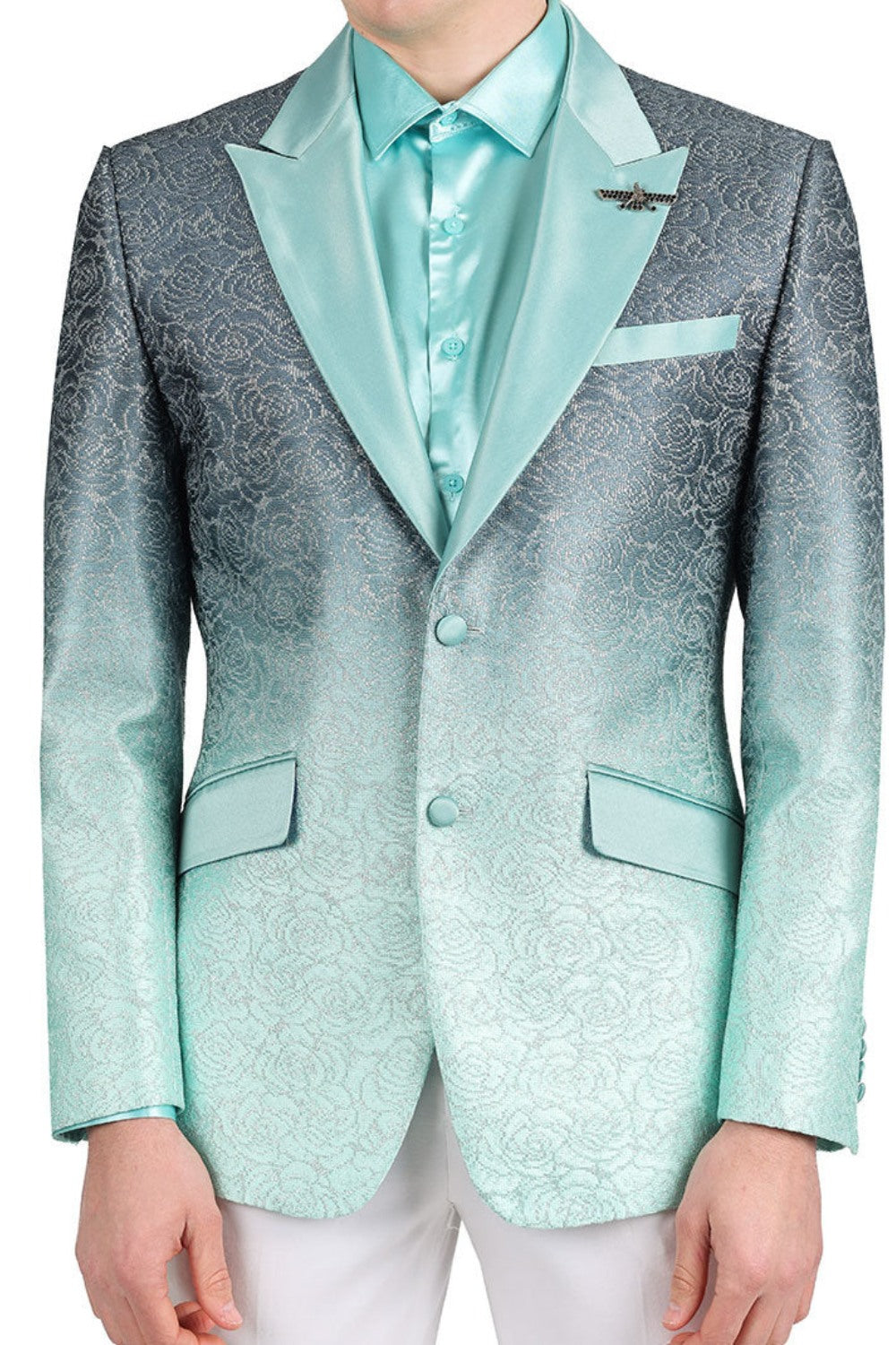 A stylish high school student wearing KCT Menswear's Dazzling Prom Blazer, showcasing its stunning two-tone pistachio fading effect, silver floral pattern, and gradient design - perfect for a memorable prom night.