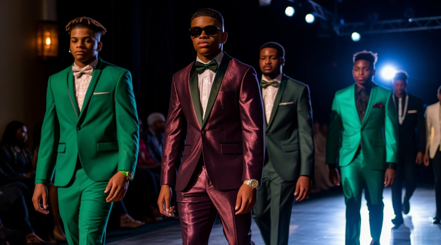 Young men confidently walking the runway in KCT Menswear's 2024 prom collection, featuring elegant green and burgundy suits and tuxedos, highlighting the latest prom trends and styles.