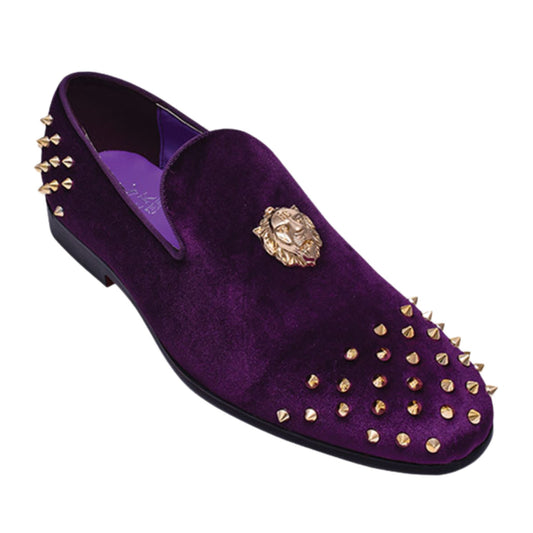 Purple Velvet Loafers with Gold Spikes – Luxury Prom Shoes for Men