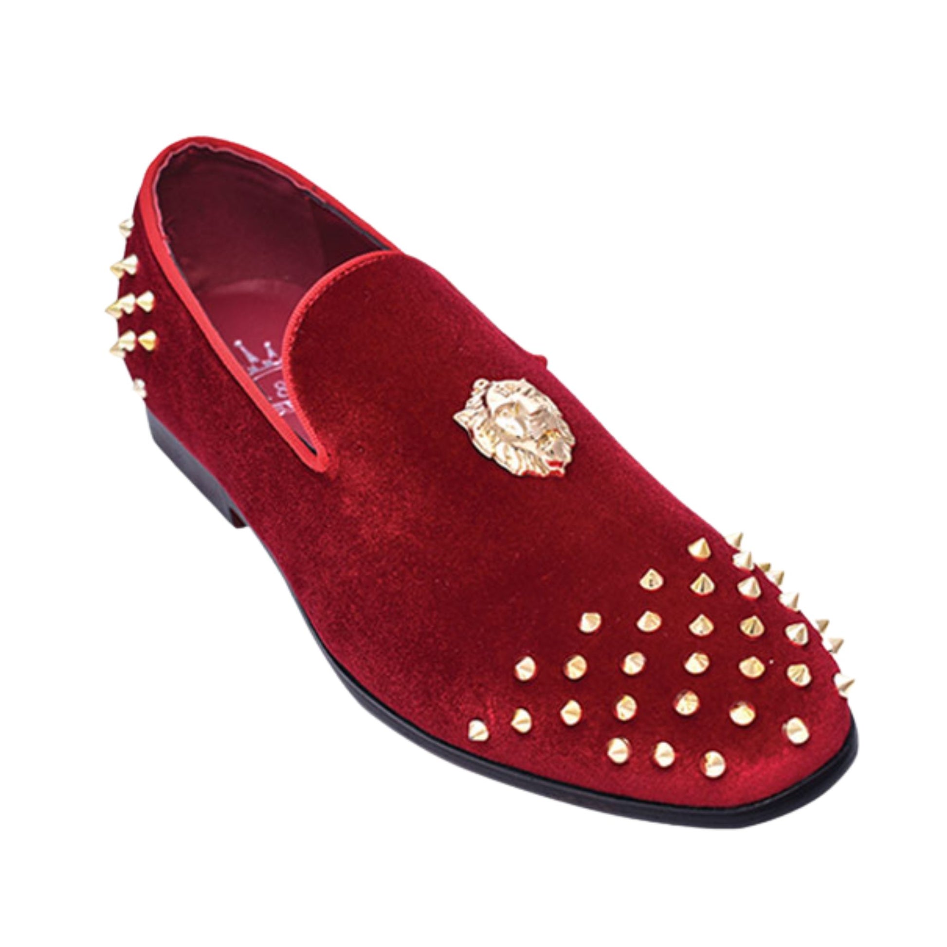 Red Velvet Loafers with Gold Spikes – Luxury Prom Shoes for Men