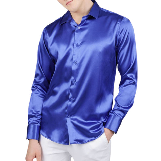 Man in a stunning KCT Menswear royal blue satin dress shirt