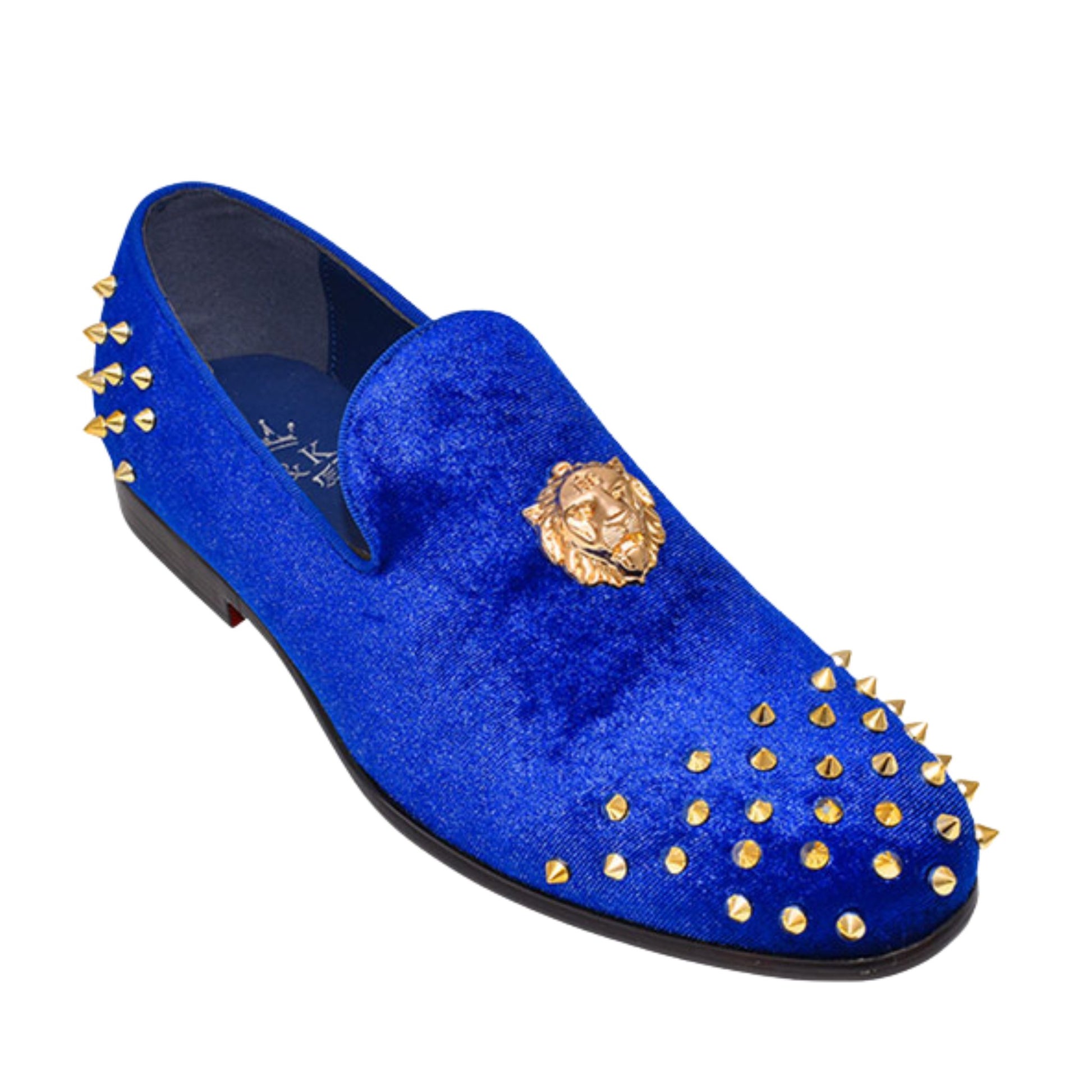 Royal Blue Velvet Loafers with Gold Spikes – Luxury Prom Shoes for Men