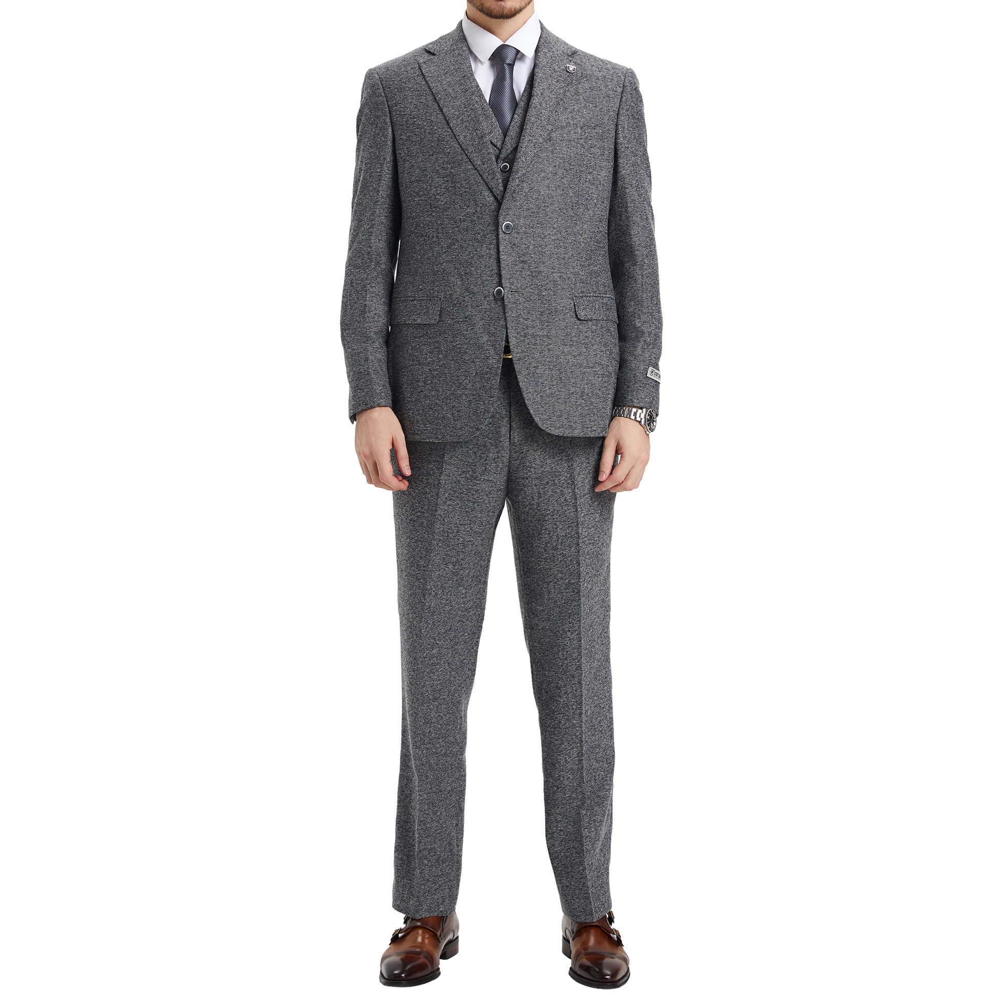Men's Slim-Fit Grey Tweed Three-Piece Suit