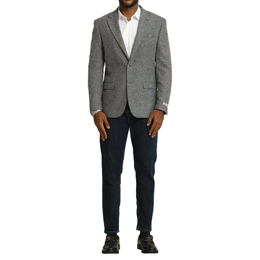 Men's Grey Tweed Blazer with White Dress Shirt and Dark Denim Ensemble