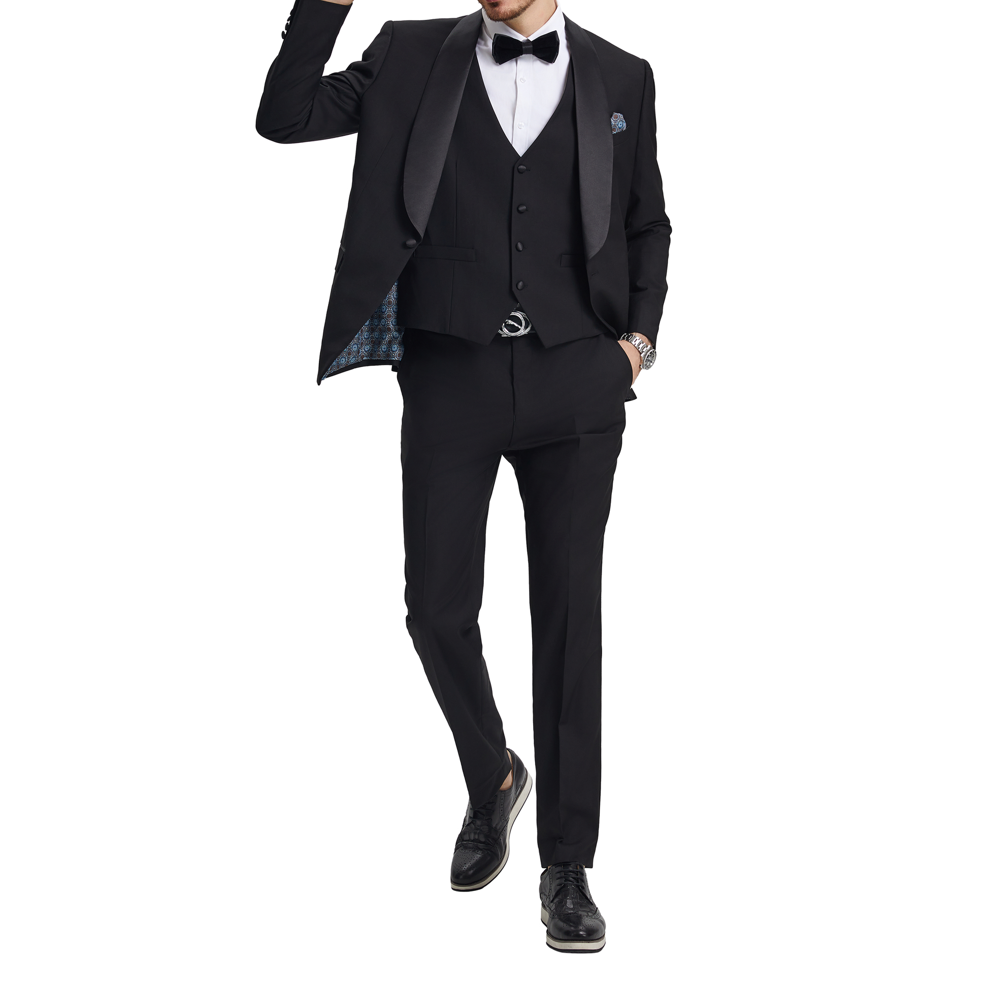 Men's Classic Black Three-Piece Tuxedo with Satin Shawl Lapel