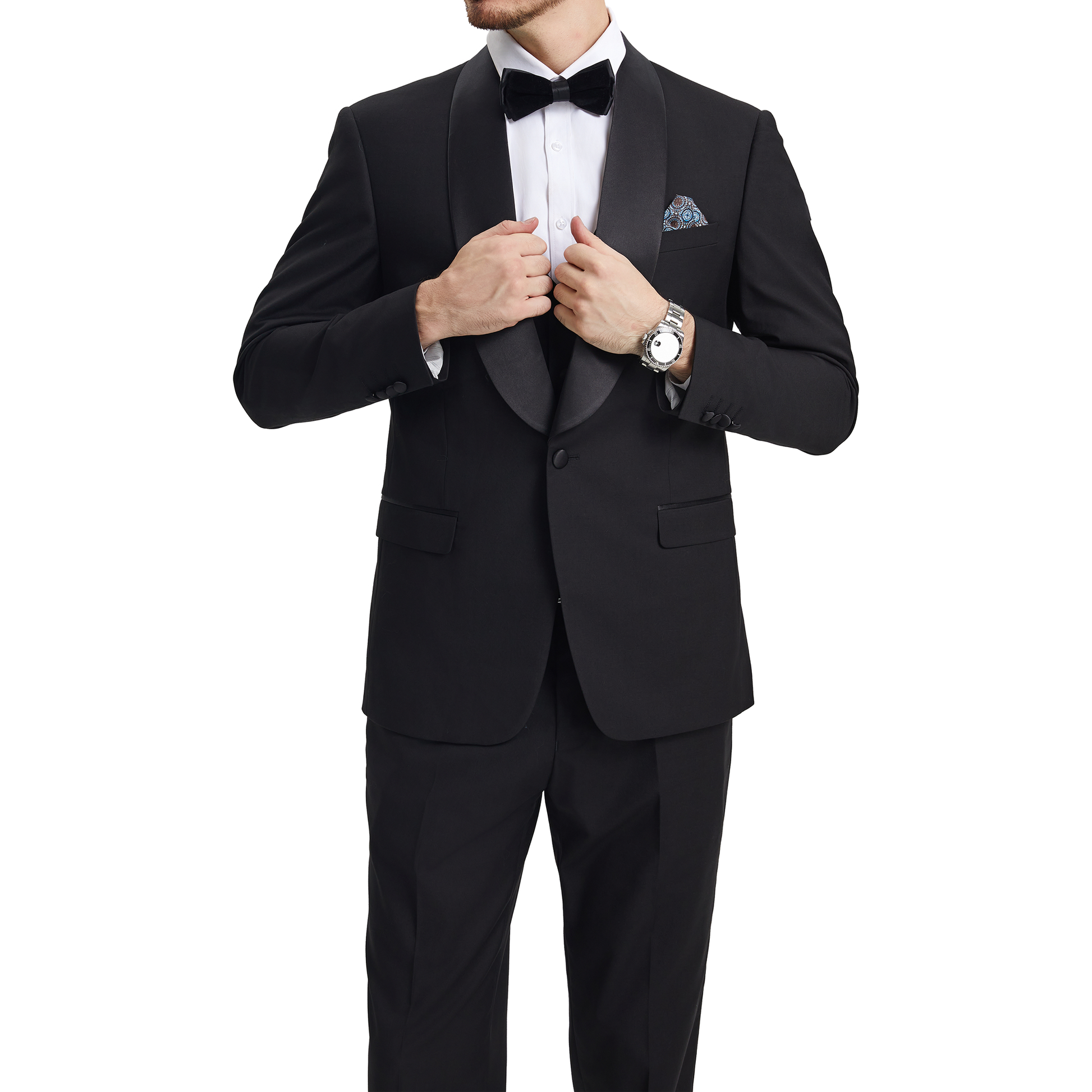 Men's Classic Black Three-Piece Tuxedo with Satin Shawl Lapel