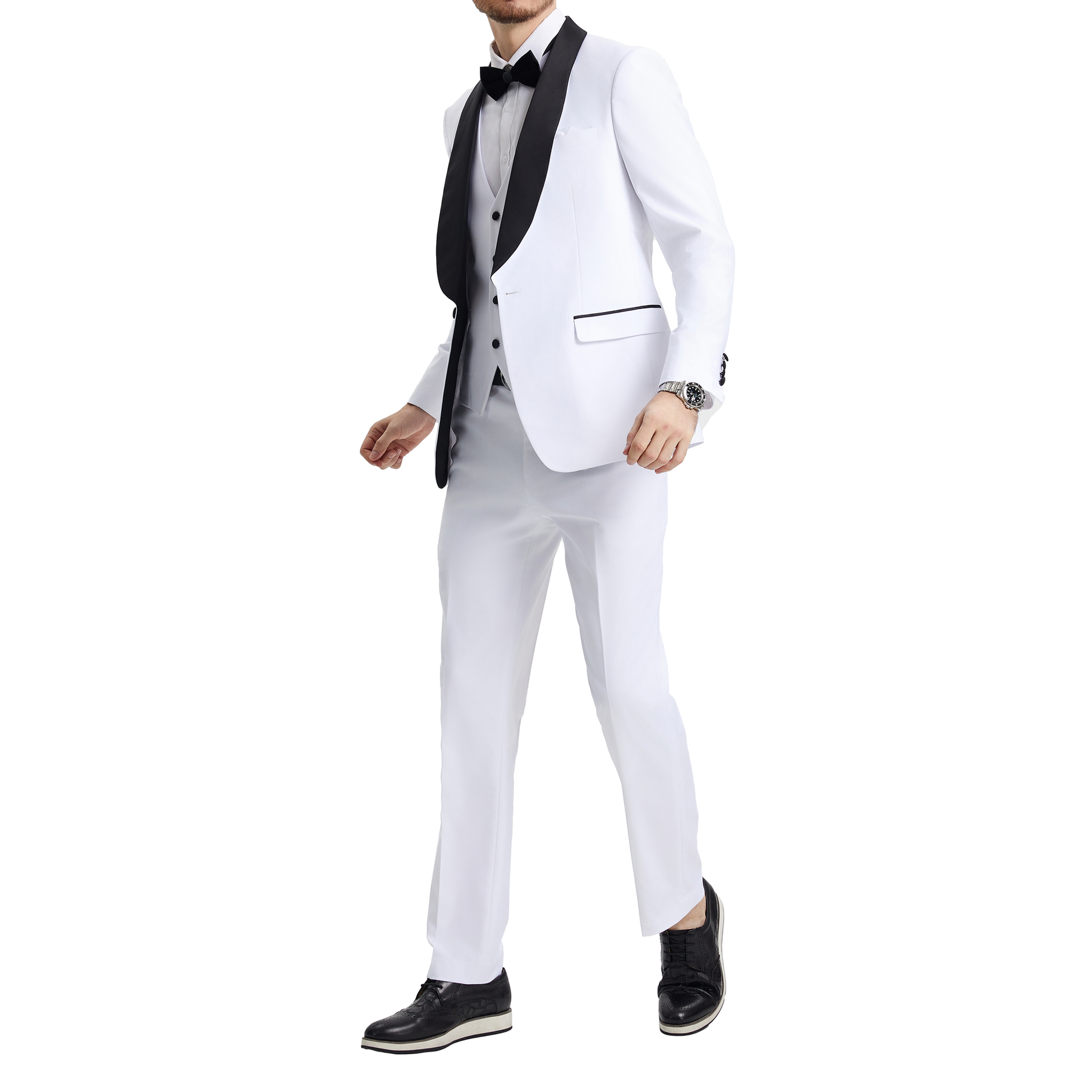 Men's White Tuxedo with Black Shawl Lapel – Three-Piece Formal Suit