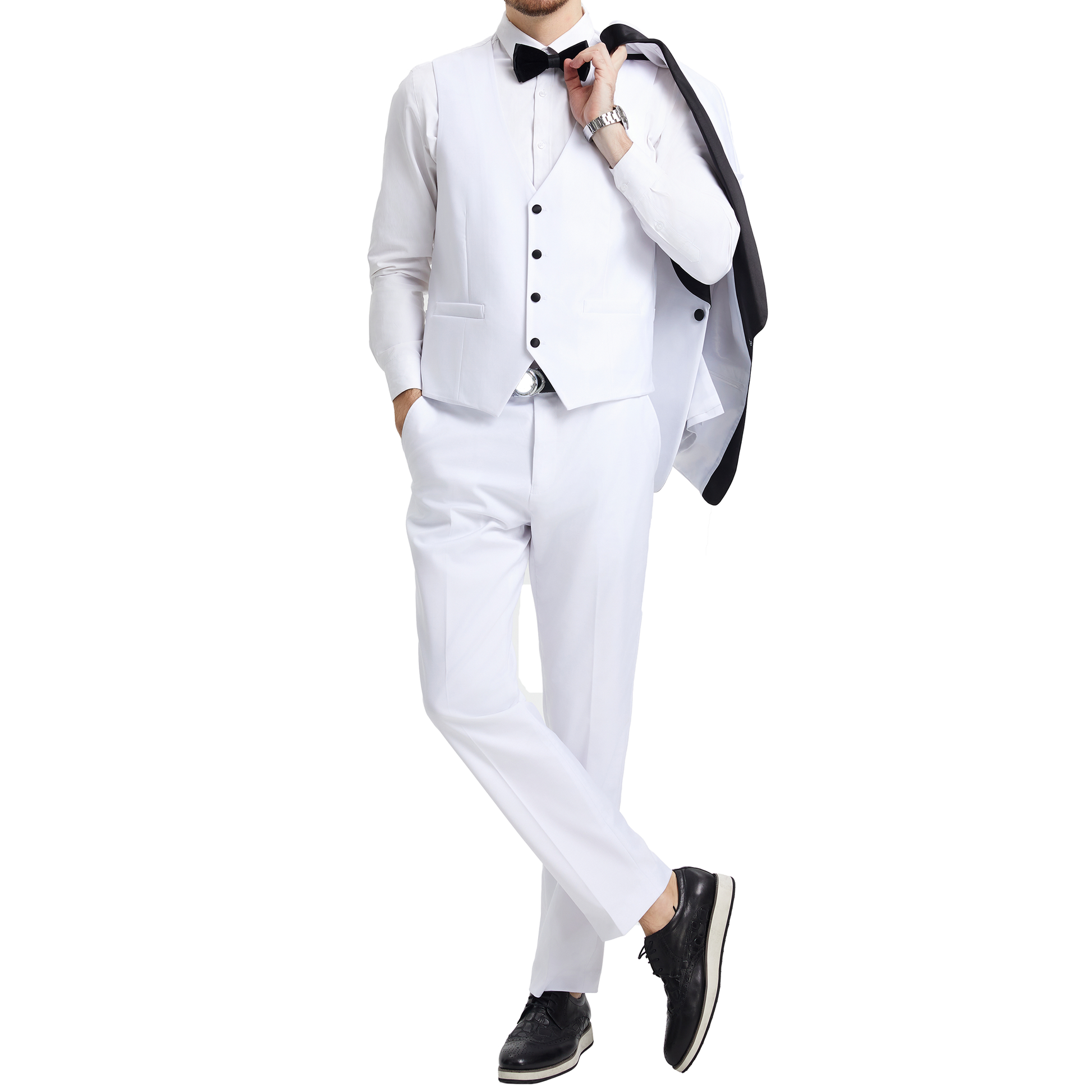 Men's White Tuxedo with Black Shawl Lapel – Three-Piece Formal Suit