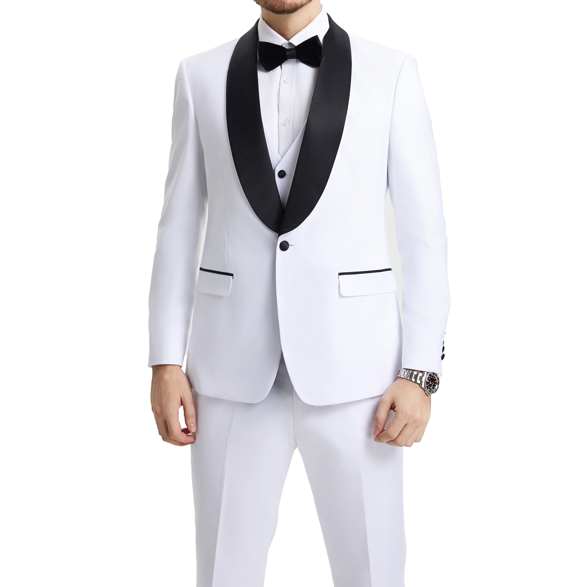 Men's White Tuxedo with Black Shawl Lapel – Three-Piece Formal Suit