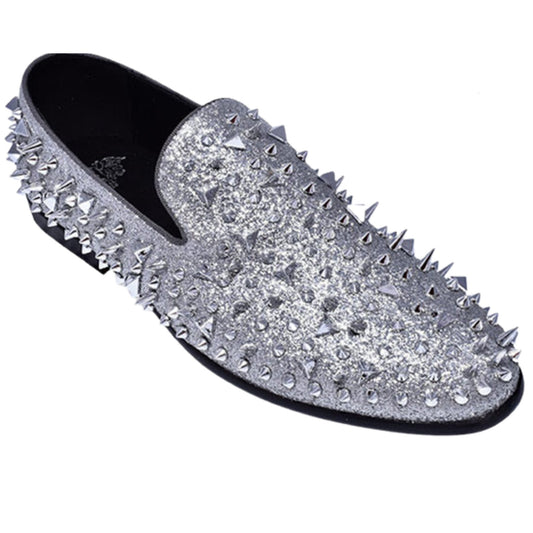  A stylish high school student wearing KCT Menswear's Silver Prom Spikes, showcasing their sleek color, sparkling accents, and striking spikes - the perfect statement shoes for a memorable prom night