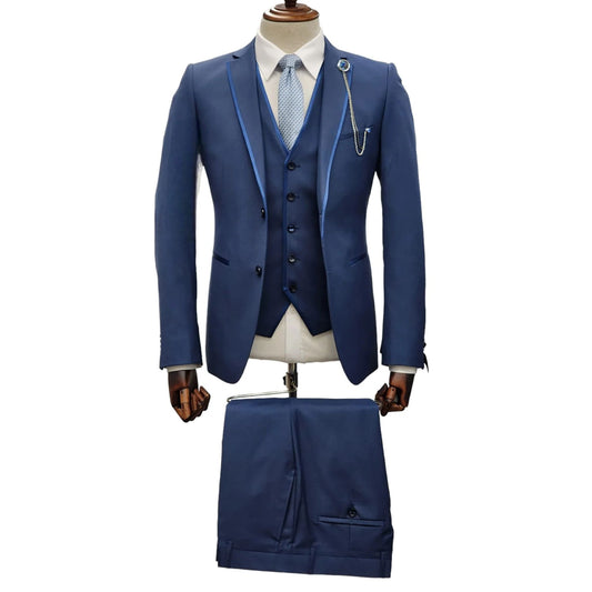 Slate Blue Trimmed Tuxedo – A modern, slim-fit tux with contrast lapel trim, perfect for prom and weddings in 2025