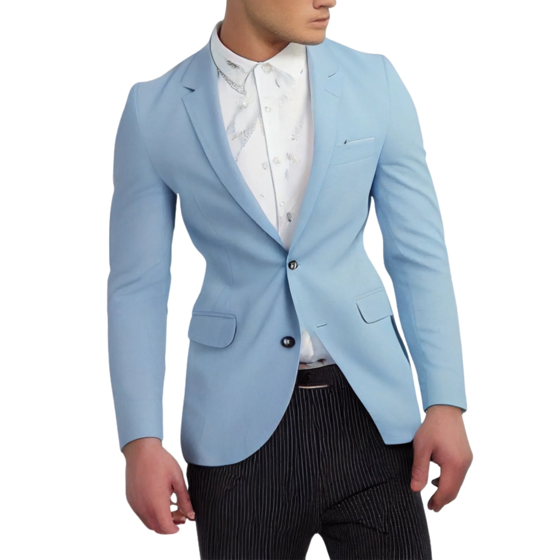 Close-up of the Light Blue Blazer, highlighting the sleek fit, stylish notch lapel, and premium stretch fabric for comfort.