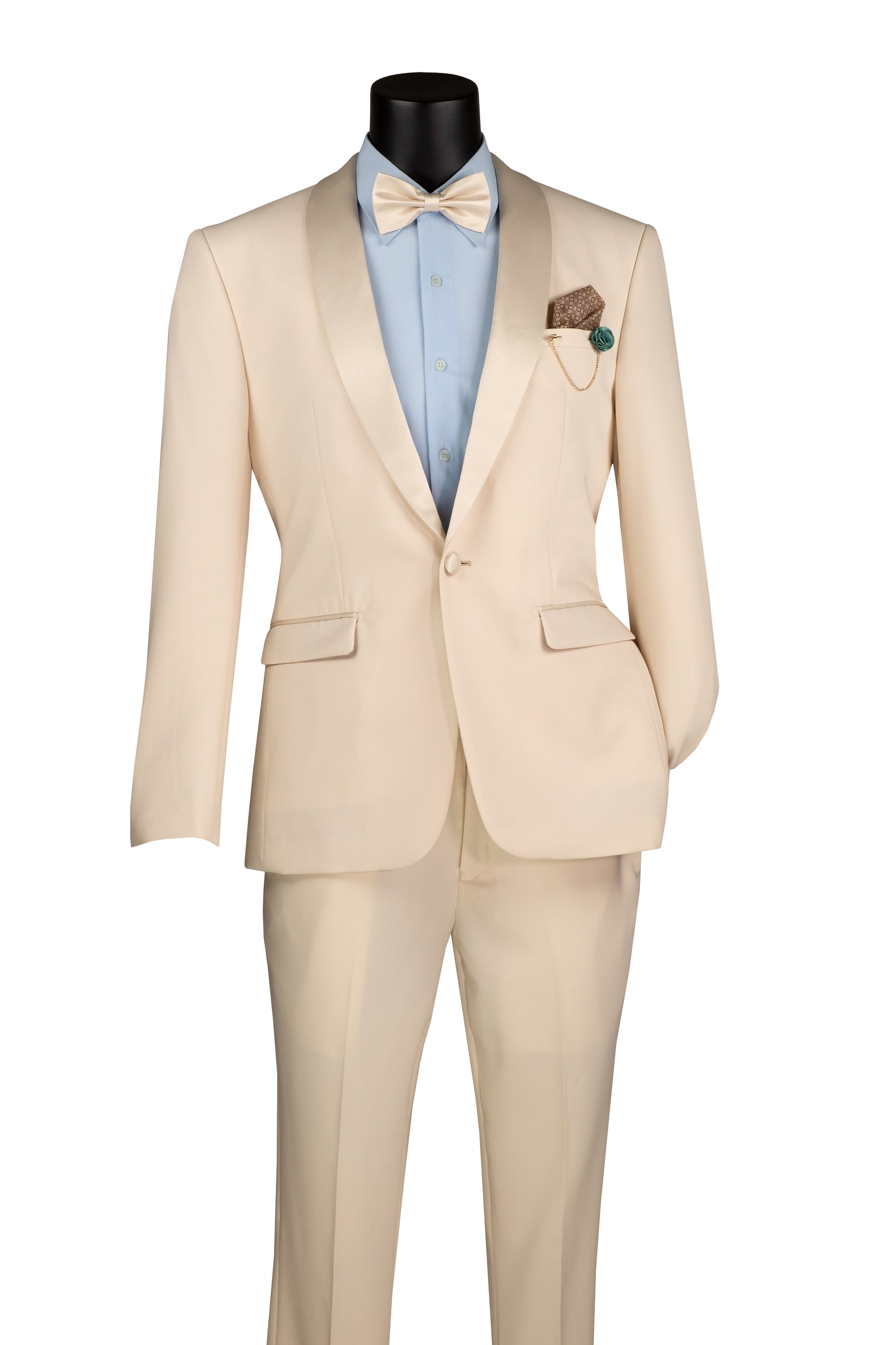 Men’s Champagne Slim-Fit Tuxedo – Formalwear Suit with Satin Lapels