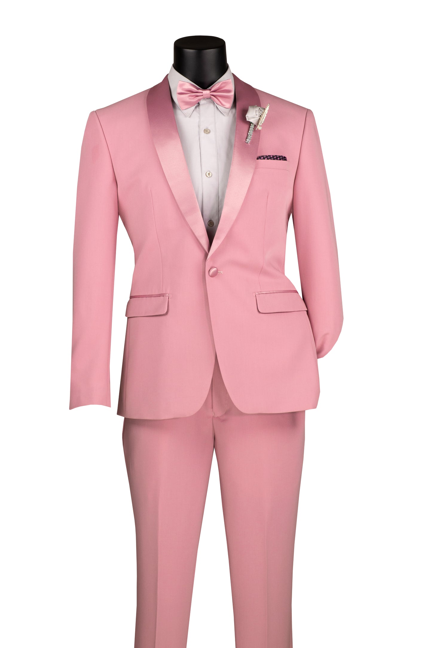 Men’s Dusty Rose Slim-Fit Tuxedo – Formalwear Suit with Satin Lapels