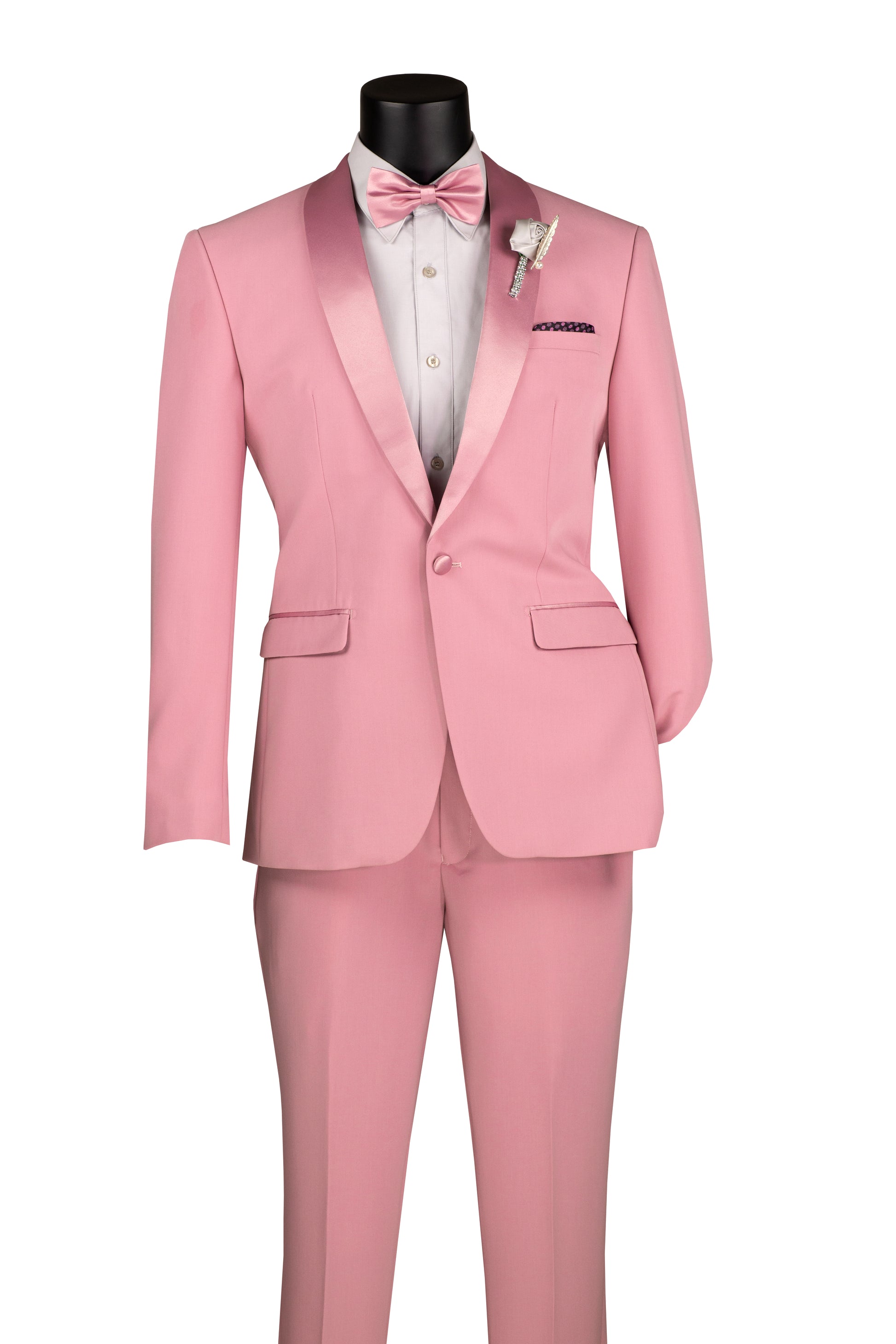 Men’s Dusty Rose Slim-Fit Tuxedo – Formalwear Suit with Satin Lapels