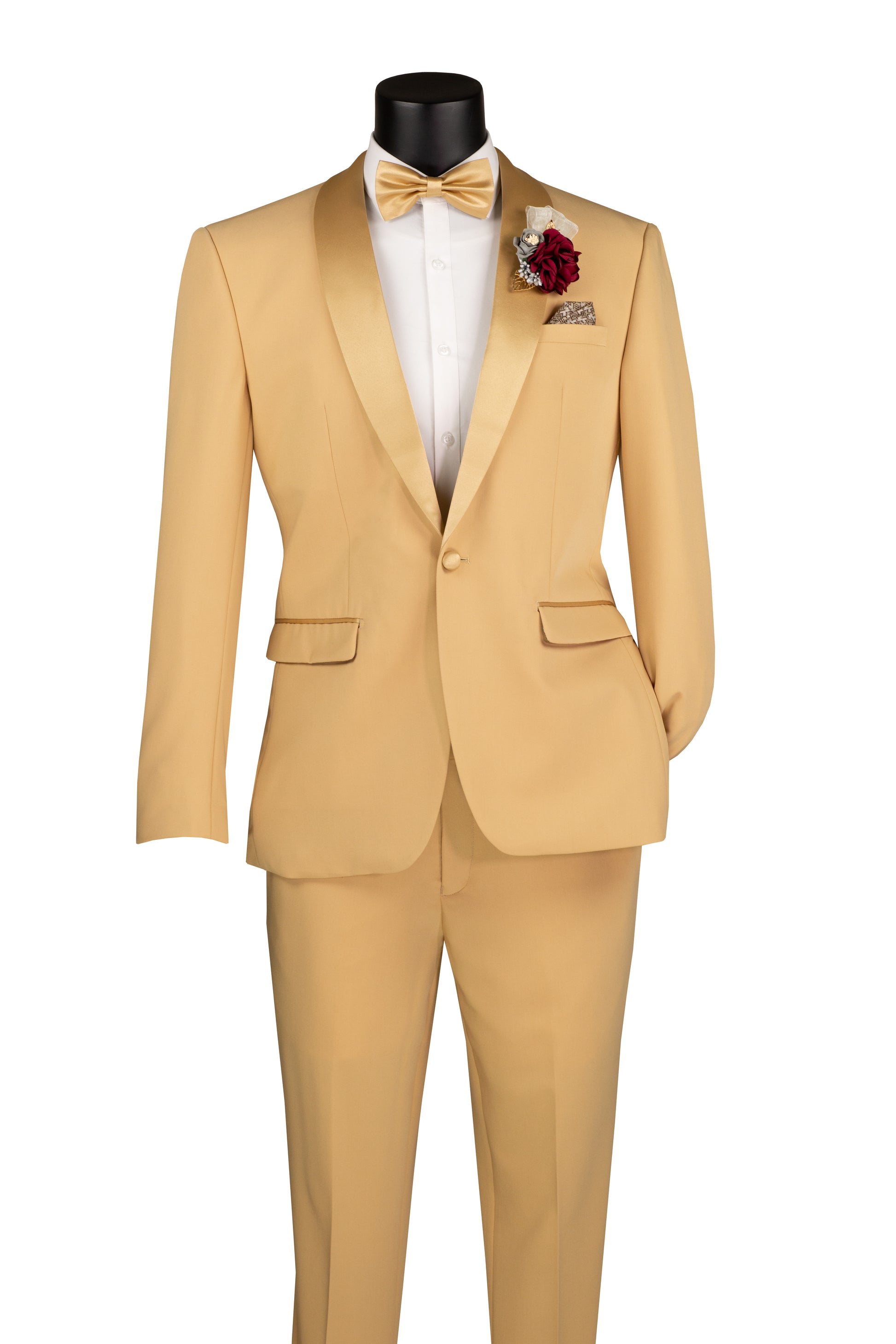 Men’s Light Gold Slim-Fit Tuxedo – Formalwear Suit with Satin Lapels