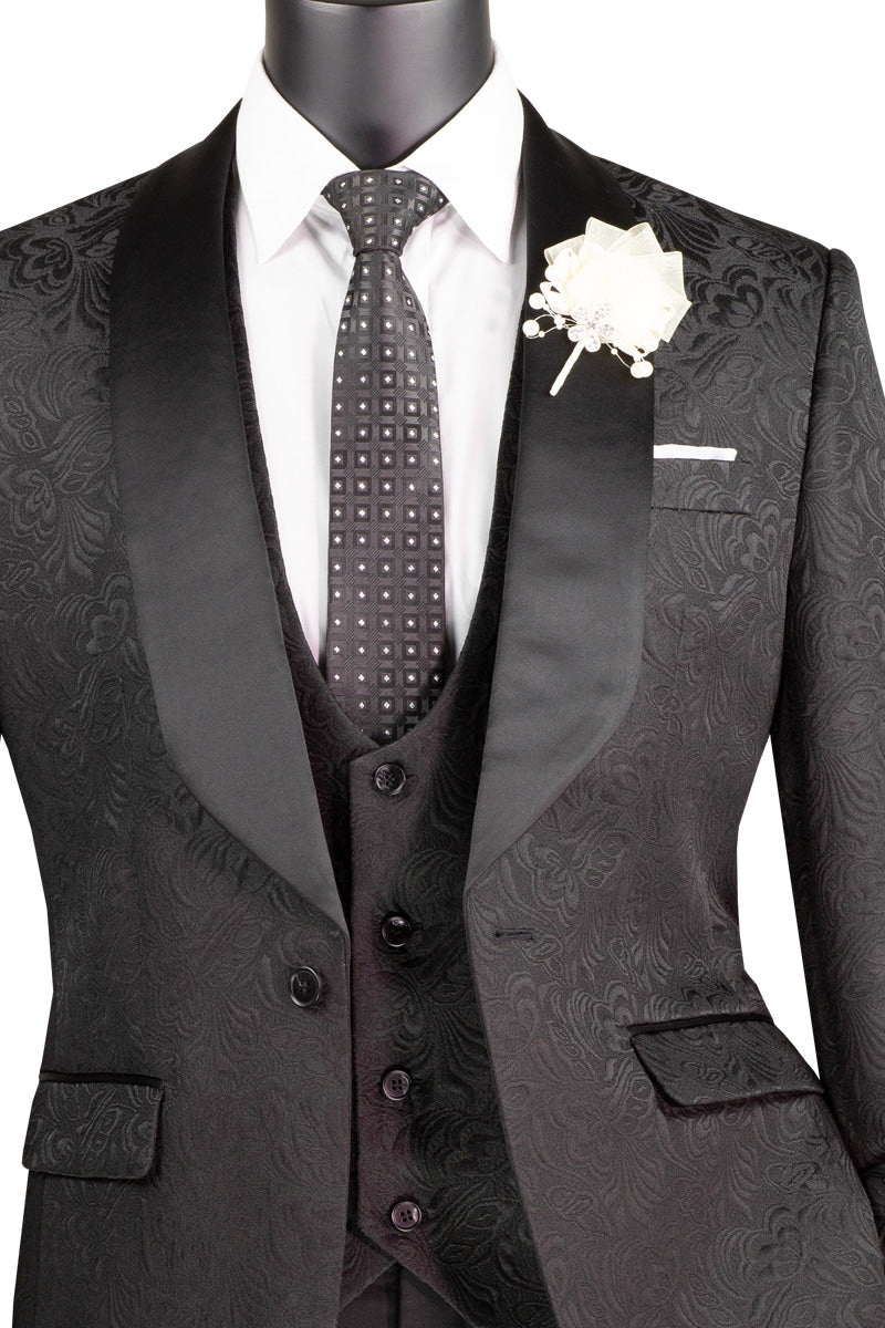 Men’s Black Paisley Jacquard Slim-Fit Tuxedo – 3-Piece Formalwear Set with Satin Lapels"