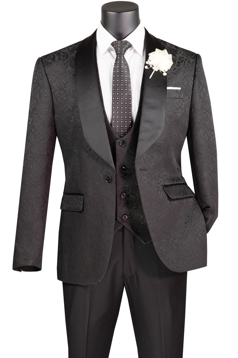 Men’s Black Paisley Jacquard Slim-Fit Tuxedo – 3-Piece Formalwear Set with Satin Lapels"