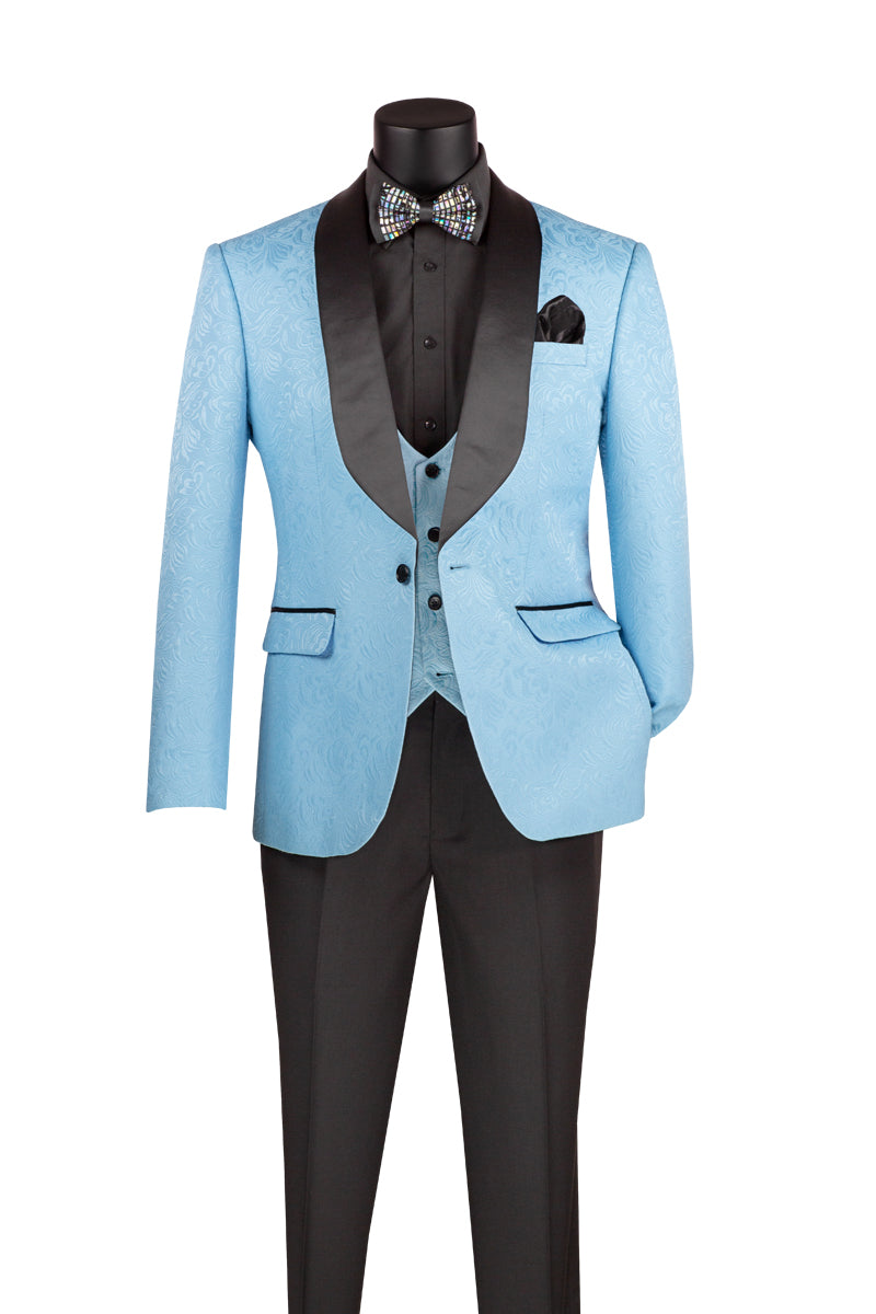 Men’s Light Blue Paisley Jacquard Slim-Fit Tuxedo – 3-Piece Formalwear Set with Black Satin Lapels